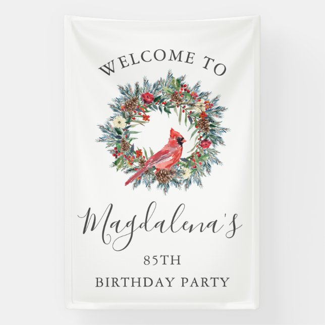 Lona 85th Birthday Banner Red Cardinal Custom Welcome (Vertical)