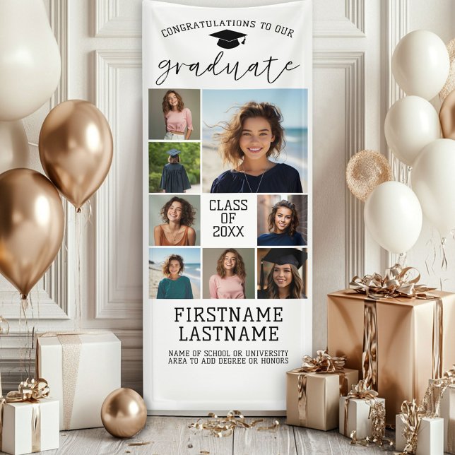 Lona 8 Graduación de Collage de fotos Blanco Mínimo Mod (Custom Graduation Photo Banner - Great backdrop and Graduation Party Decoration)