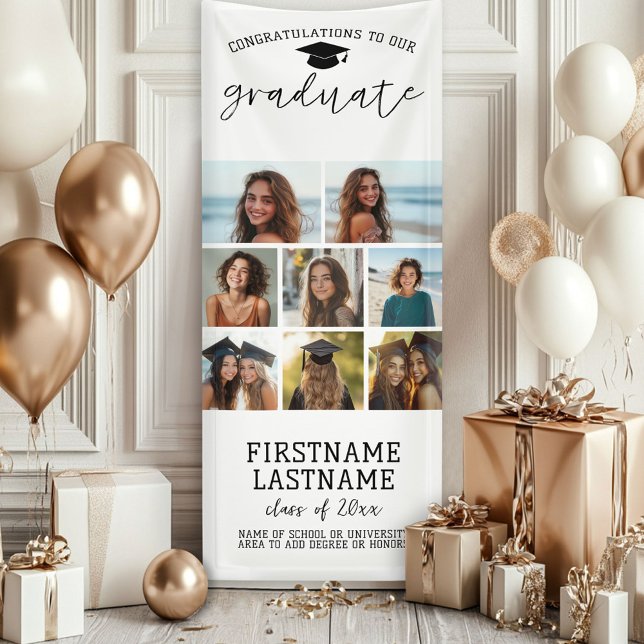 Lona 8 Graduación de Collage de fotos Blanco Mínimo Mod (Custom Graduation Photo Banner - Great backdrop and Graduation Party Decoration)