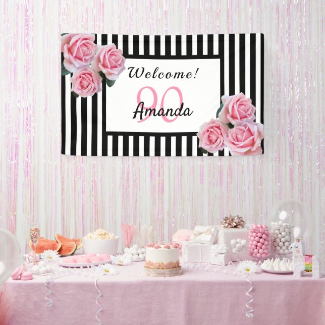 Lona 90 años rayas blancas negras florales (Fiesta)