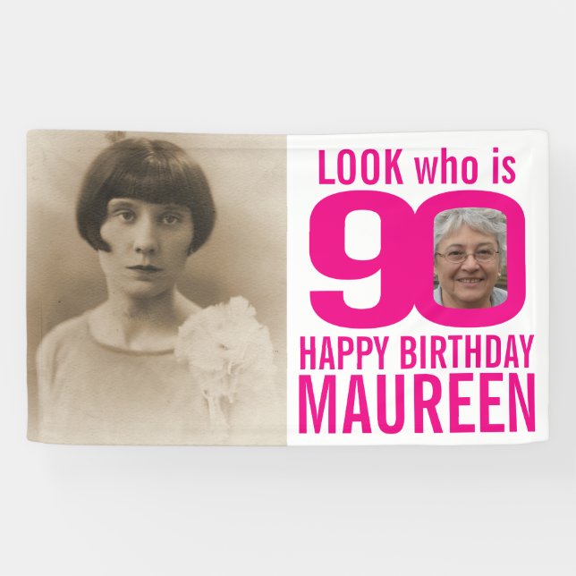 Lona 90 cumpleaños apariencia rosada 90 foto personaliz (Horizontal)