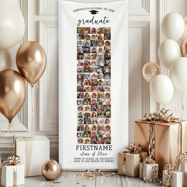 Lona 90 Graduación de Collage de fotos Blanco Mínimo Mo (Custom Graduation Banner - Great for a backdrop or Grad Party Decoration)
