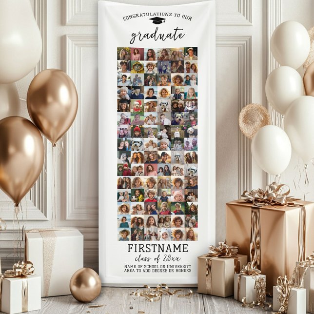 Lona 90 Graduación de Collage de fotos Blanco Mínimo Mo (Custom Graduation Banner - Great for a backdrop or Grad Party Decoration)