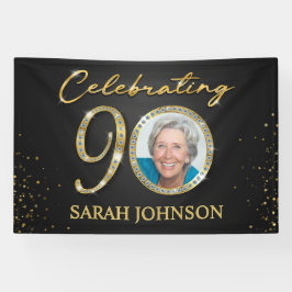 Lona 90th Birthday Banner, Black Gold Custom Photo