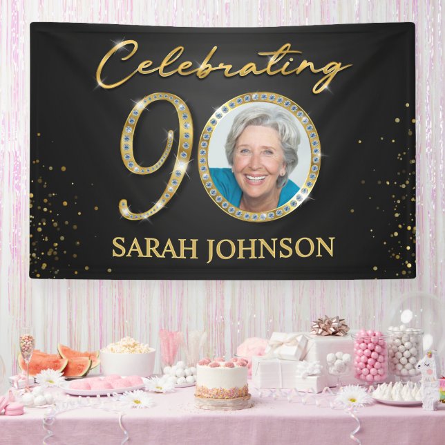 Lona 90th Birthday Banner, Black Gold Custom Photo  (Fiesta)