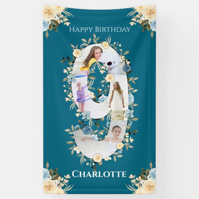 Lona 9.º cumpleaños Collage de fotos de flores Verde az (Vertical)