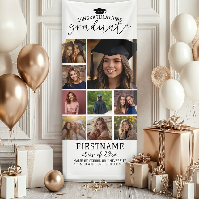 Lona 9 Graduación de Collage de fotos Blanco Mínimo Mod (Custom Graduation Photo Banner - Great backdrop and Graduation Party Decoration)