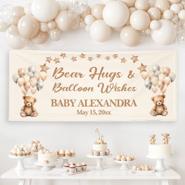 Lona Abrazos de Oso Deseos en Globo Fiesta de Bebé (Bear Hugs and Balloon Wishes baby shower banner)