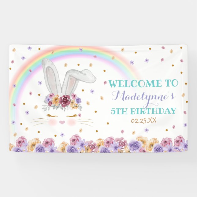 Lona Abundancia arcoiris Acuarela Floral Bunny Cumpleañ (Horizontal)