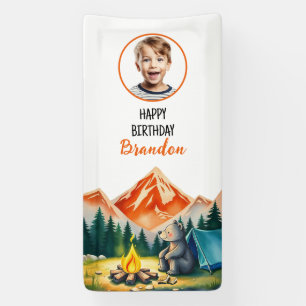 Lona Acuarela Camping Blanco Oso Niños Foto Cumpleaños