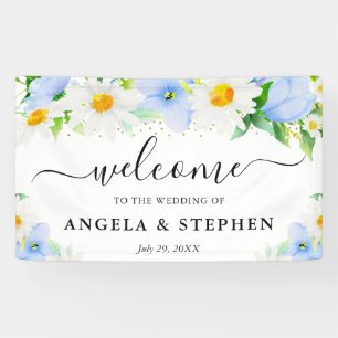Lona Acuarela Daisies Flores Azules Boda Bienvenida