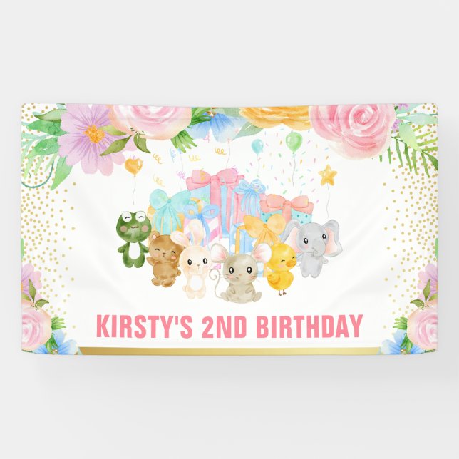 Lona Acuarela Floral Cute Animal Friends Cumpleaños (Horizontal)