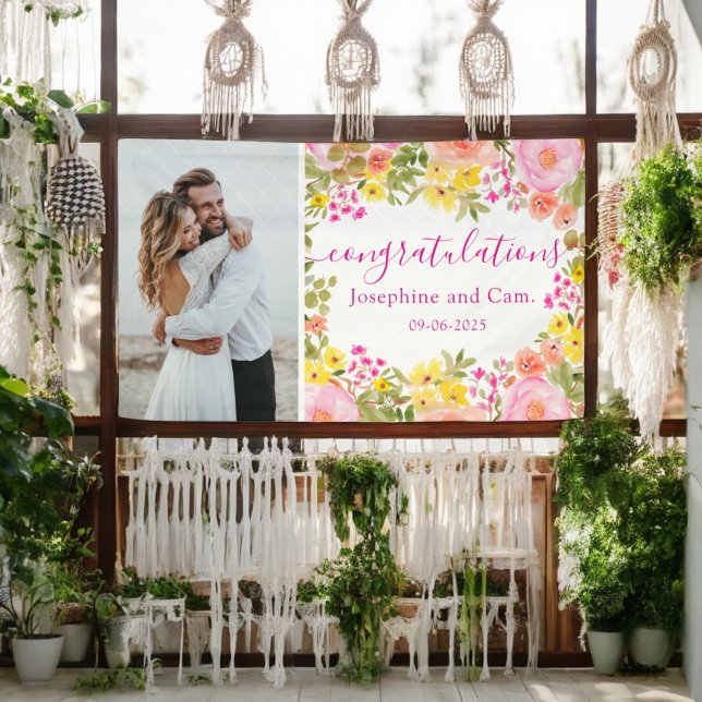 Lona Acuarela Floral Felicitaciones por el Compromiso (Watercolor Floral Congratulations Engagement Banner)
