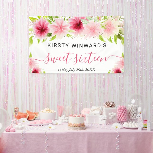 Lona Acuarela Flores Rosadas Bienvenida Dulces Dieciséi (Fiesta)
