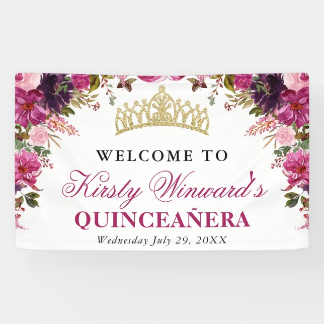 Lona Acuarela Flores Rosadas Quinceañera (Horizontal)