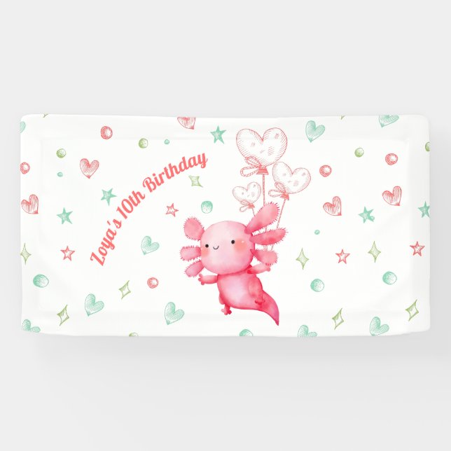 Lona Acuarela Rosa Axolotl Divertido Niños Fiesta de Cu (Horizontal)