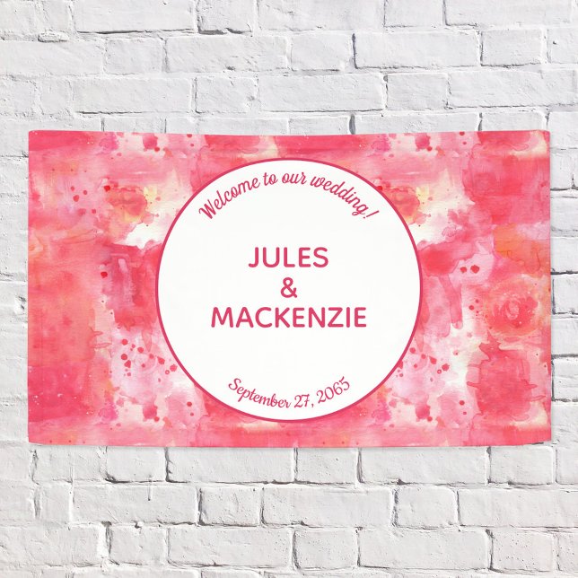 Lona Acuarela rosa de Confetti Resumen moderno (Abstract pink watercolor wedding welcom banner with editable text to personalize)