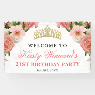 Lona Acuarela Rosas Rosadas Bienvenida Fiesta de Cumple
