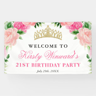 Lona Acuarela Rosas Rosadas Bienvenida Fiesta de Cumple