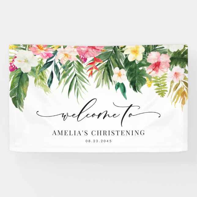 Lona Acuarela Tropical Garland Verano Christening (Horizontal)