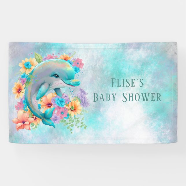 Lona Adorable Dolphin y Florals Baby Shower (Horizontal)