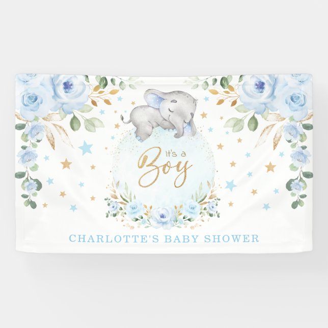 Lona Adorable Elephant Blue Floral Boy Baby Shower (Horizontal)