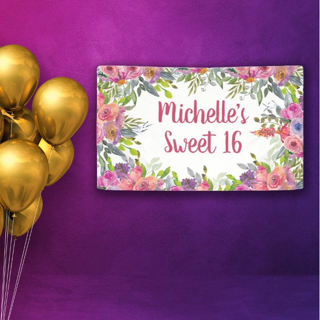 Lona Agua morada rosada Floral Verdor dulce 16 (Purple and pink watercolor floral Sweet 16 banner personalized with a name.)