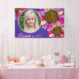 Lona Aguamarina Girasol Cumpleaños Rosa y Morado Chic