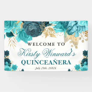 Lona Aguamarina y flores doradas Quinceañera al acuarel