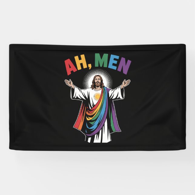 Lona Ah Men Funny Jesús Orgullo Gay LGBTQ Arcoiris (Horizontal)
