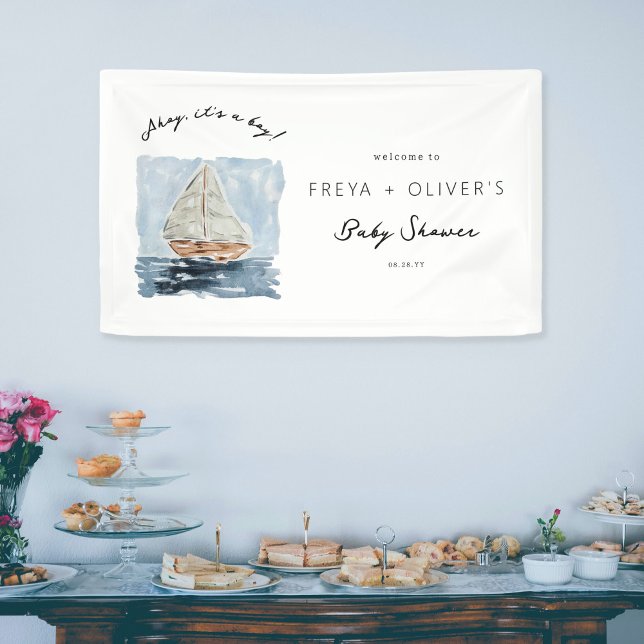 Lona Ahoy es un cartel de bienvenida de Baby Shower par (Ahoy, it's a boy! Nautical watercolor sailboat baby shower banner.)