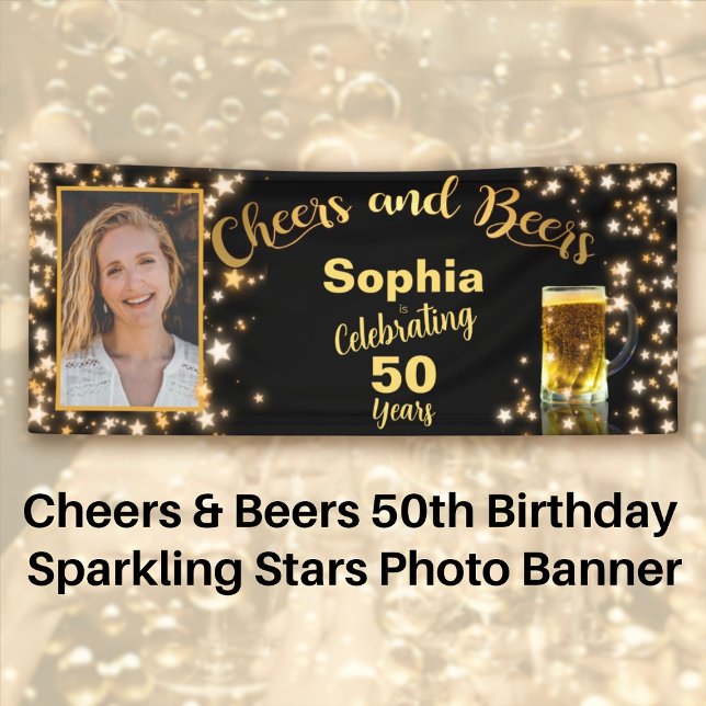 Lona Alegres y cervezas 50 cumpleaños. Foto de estrella (Cheers & Beers 50th Birthday Sparkling Stars Photo Banner)