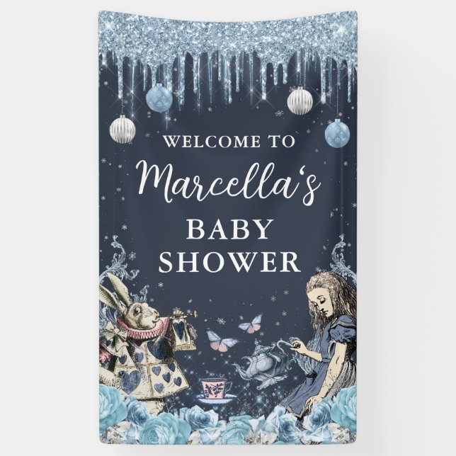 Lona Alicia en invierno Banner de Baby Shower Wonderlan (Vertical)