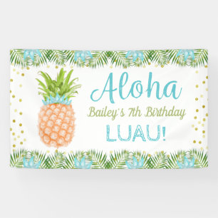 Lona Aloha Luau Tropical Pineapple Blue Gold Cumpleaños