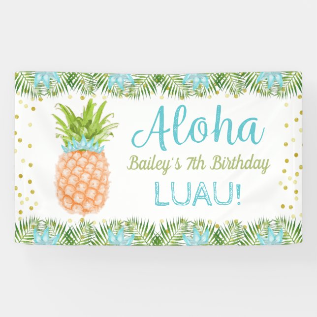 Lona Aloha Luau Tropical Pineapple Blue Gold Cumpleaños (Horizontal)