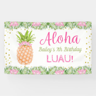 Lona Aloha Luau Tropical Pineapple Pink Gold Cumpleaños