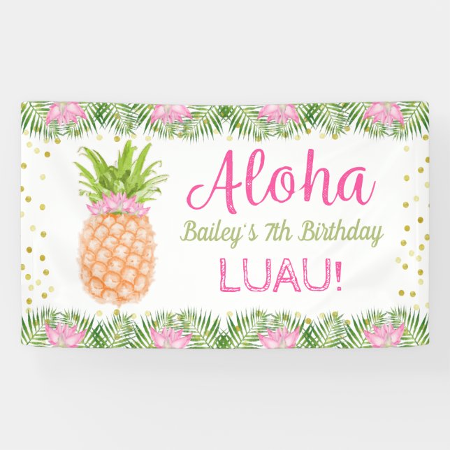 Lona Aloha Luau Tropical Pineapple Pink Gold Cumpleaños (Horizontal)