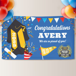 Lona Amarillo Azul Felicitaciones Logotipo de Escuela d