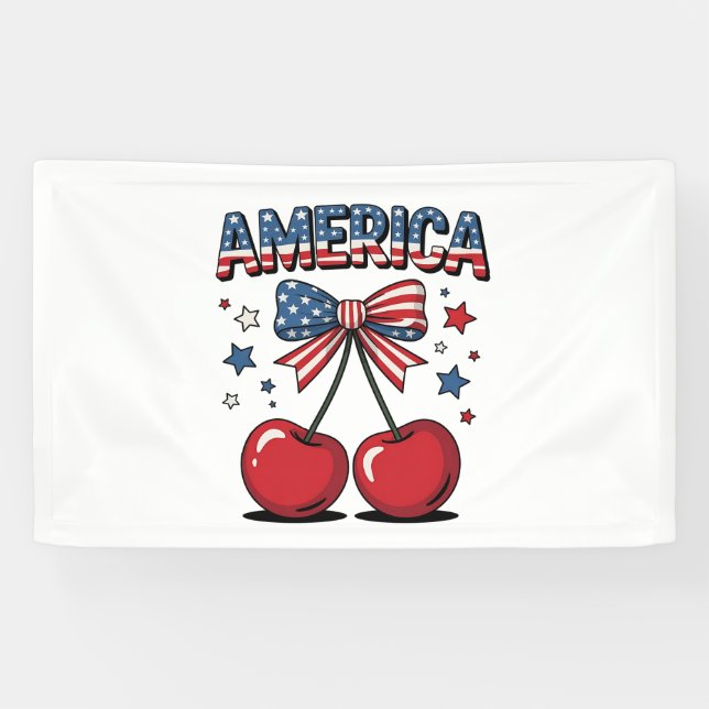 Lona American Coquette Bow Cherry Aesthetic USA Flag (Horizontal)