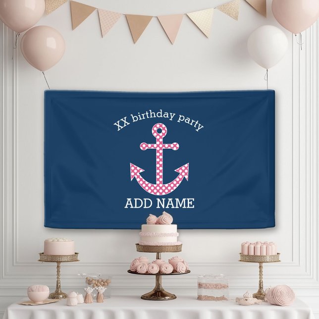 Lona Anclaje de puntos de polka rosa con nombre persona (Custom Party Banner)