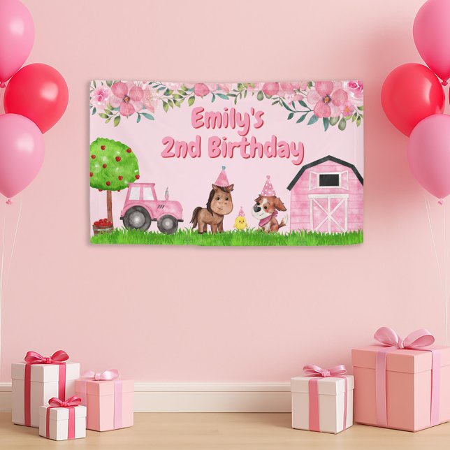Lona Animales de Granja Tractor Rosa Cumpleaños 2 años (Cute pink barn and farm animals little girl's 2nd birthday party banner)