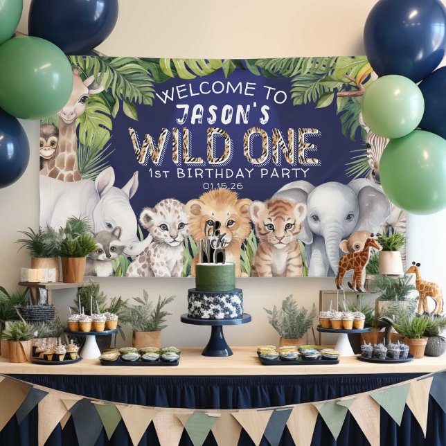 Lona Animales de Safari de la Selva, Bienvenida azul de (Navy BLue, Wild One, Boy 1st celebration, birthday welcome banner. Safari Themed first birthday.)