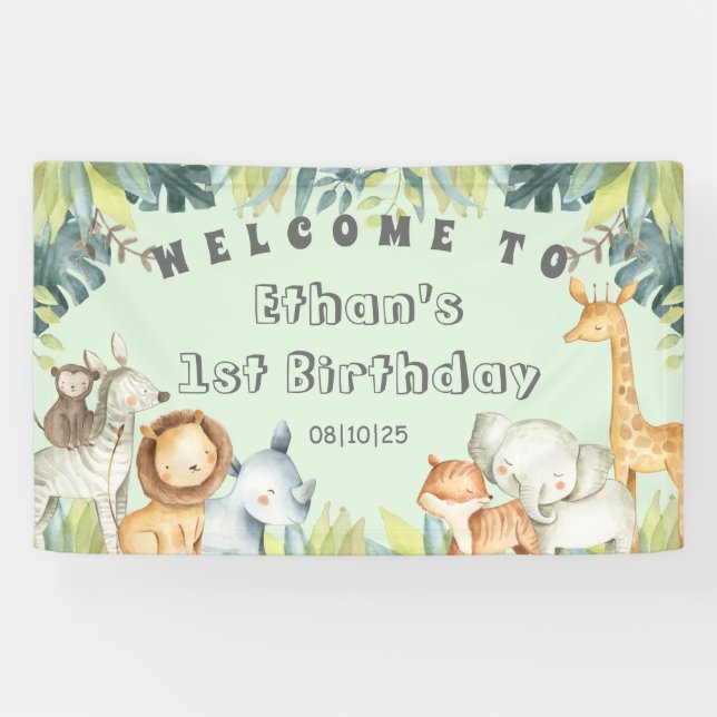 Lona Animales de Safari jungla de menta 1er cumpleaños  (Horizontal)