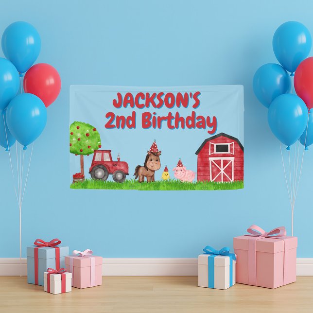 Lona Animales de Tractor de Corral Cumpleaños 2 (Little boy's farm birthday party banner)