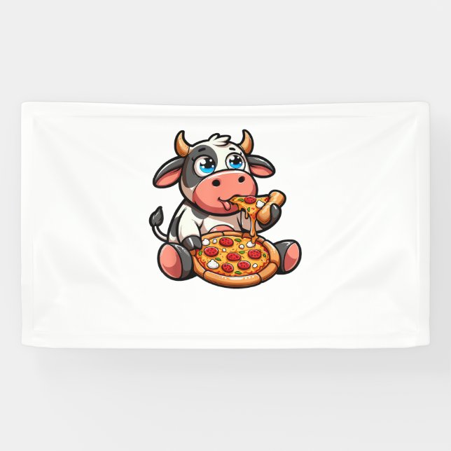 Lona Animales de vaca comiendo pizza marigherita comida (Horizontal)