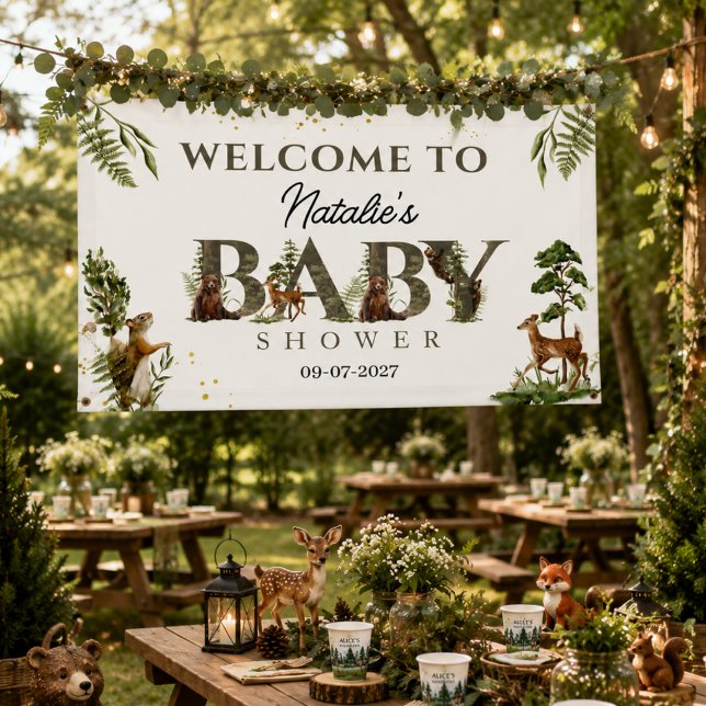 Lona Animales del Bosque Fiesta de Bebé en el Bosque (forest baby shower woodland wild animals wildlife wilderness botanical forest rustic green plants na)