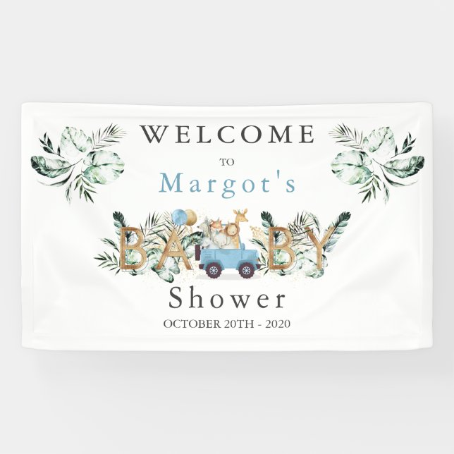 Lona Animales Safari manejados por Baby Shower Greenery (Horizontal)