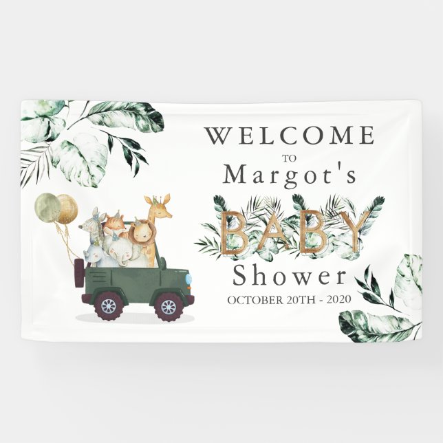 Lona Animales Safari manejados por Baby Shower Greenery (Horizontal)