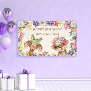 Lona Animales Salvajes Lindos Jirafa Flores Feliz Cumpl