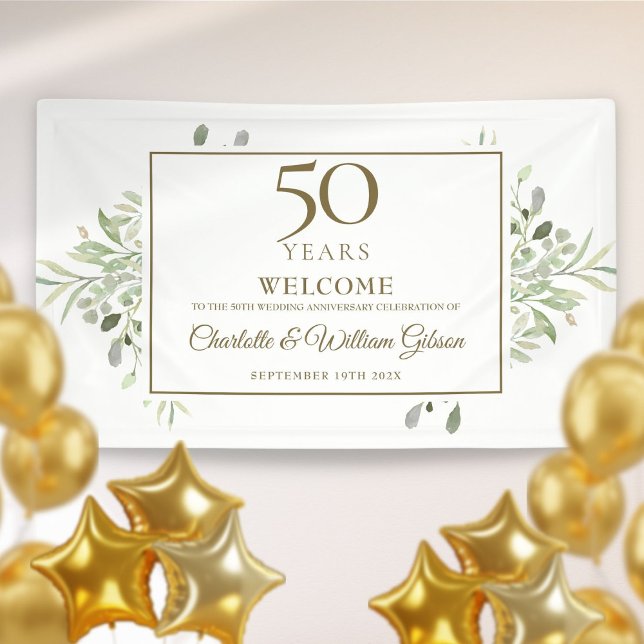Lona Aniversario de Bodas de Oro Bienvenida con Verdor (50th Wedding Anniversary Greenery Welcome Banner)